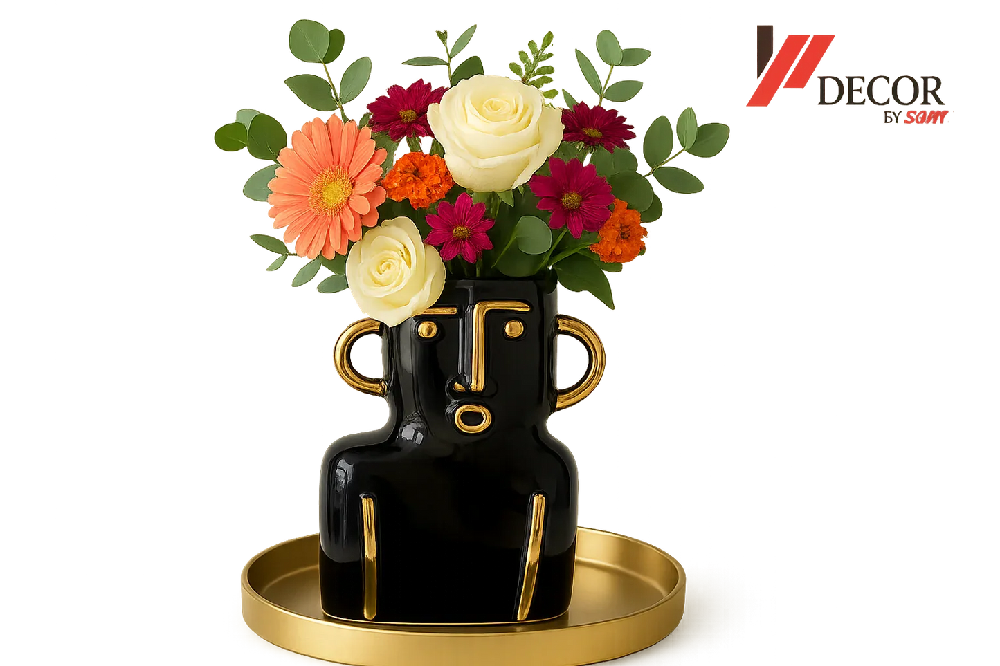 Face vase with flowers and watermark