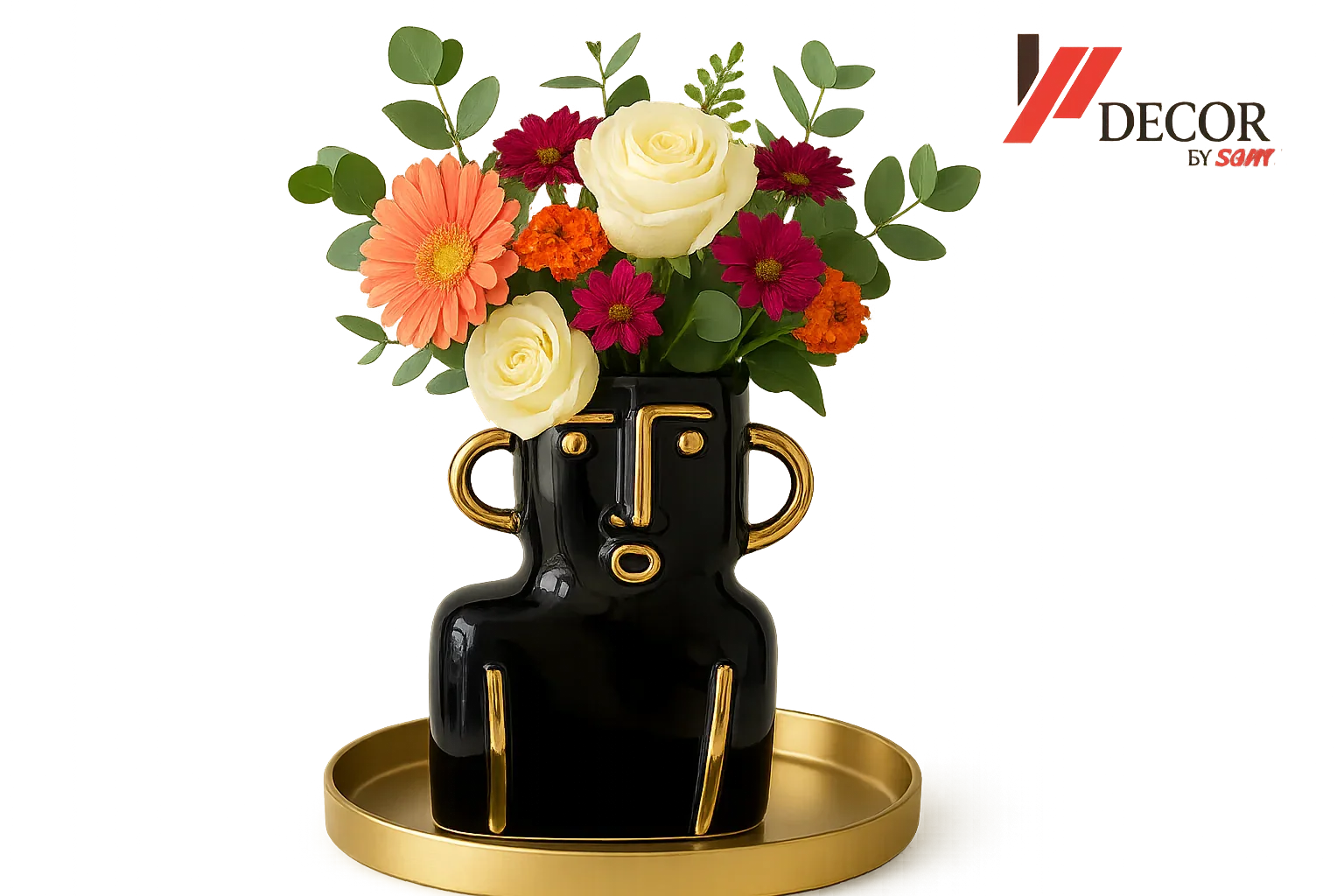 Face vase with flowers and watermark