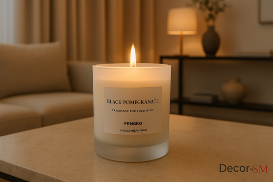 Frosted glass Black Pomegranate candle in sophisticated setting