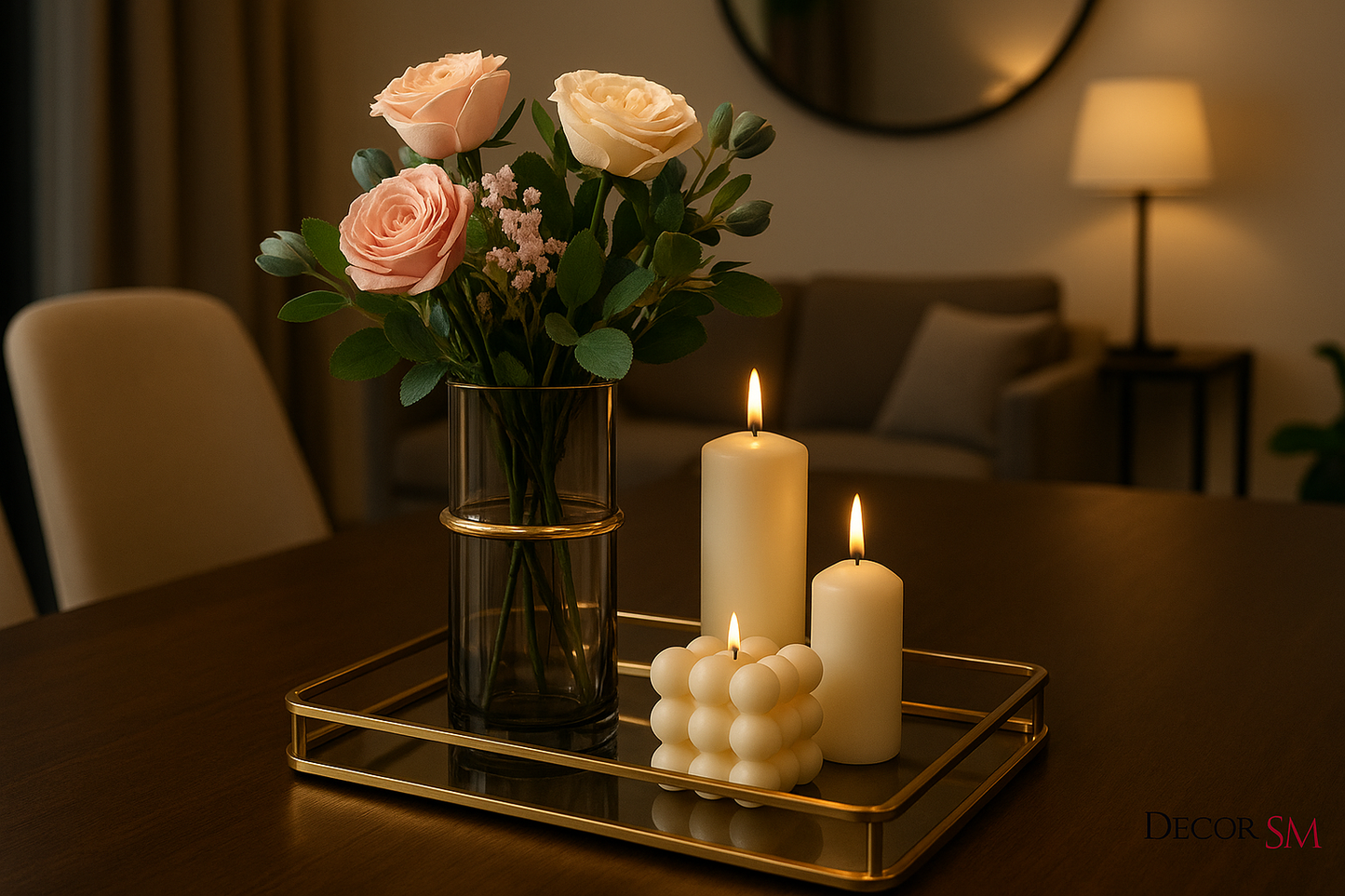Glass vase with golden rim on serving tray with candles