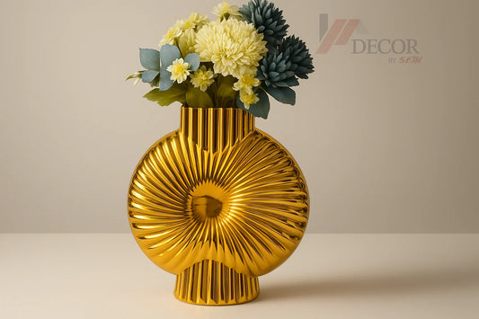 Gold ribbed vase with watermark
