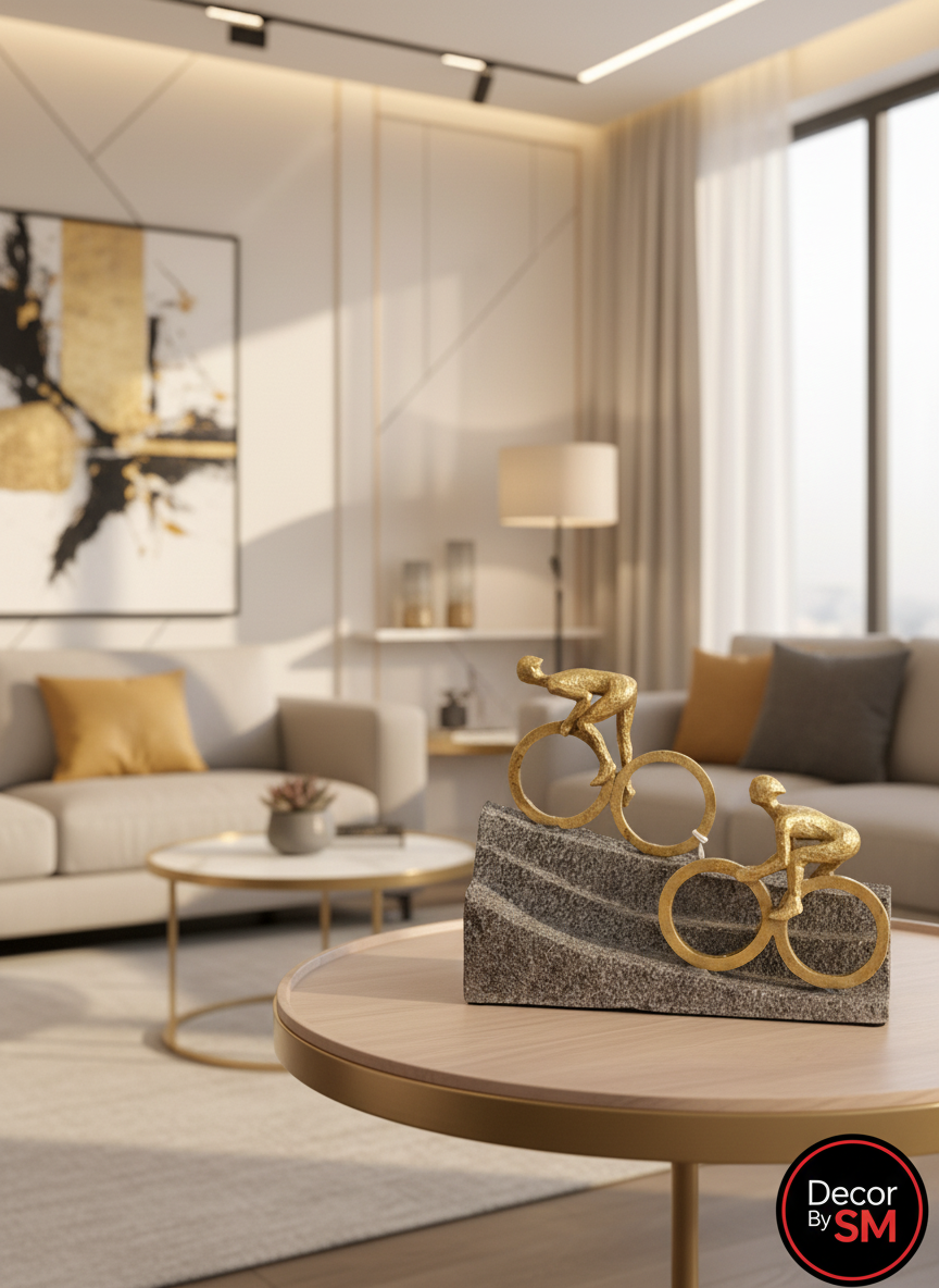 Golden Cyclist Sculpture - Modern Interior Setting