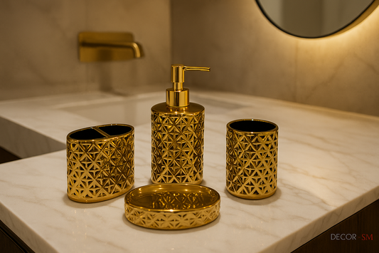 Golden geometric cut-out bathroom set in washroom