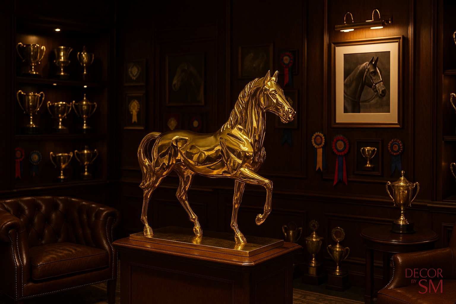 Golden horse stallion sculpture in trophy room