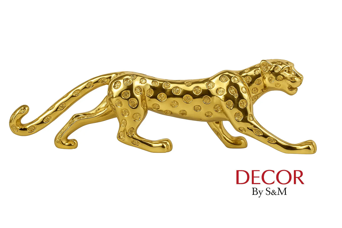 Golden leopard figurine side view on white background
