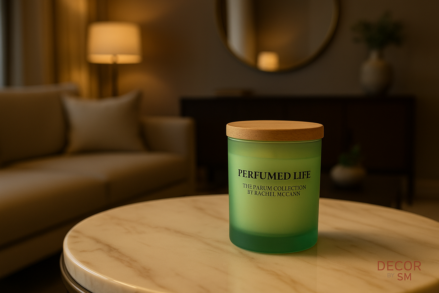 Green glass scented candle in sophisticated setting