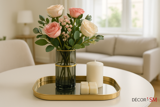 Greenish black duotone vase on serving tray with scented wax