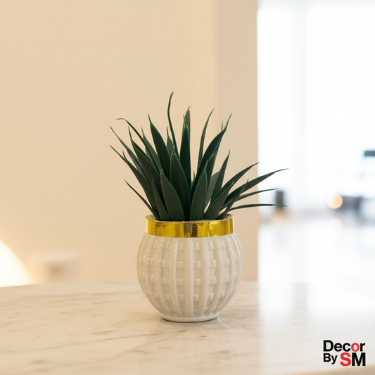 Artificial Agave Succulent in Gold Rim White Pot