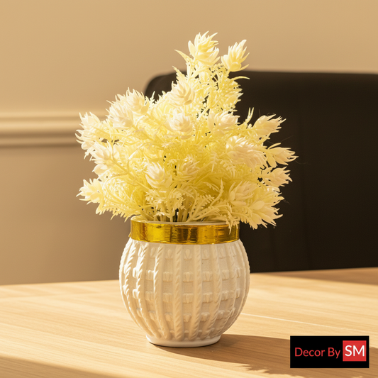 Ivory Cream Wildflower Bouquet in Gold Rim Pot