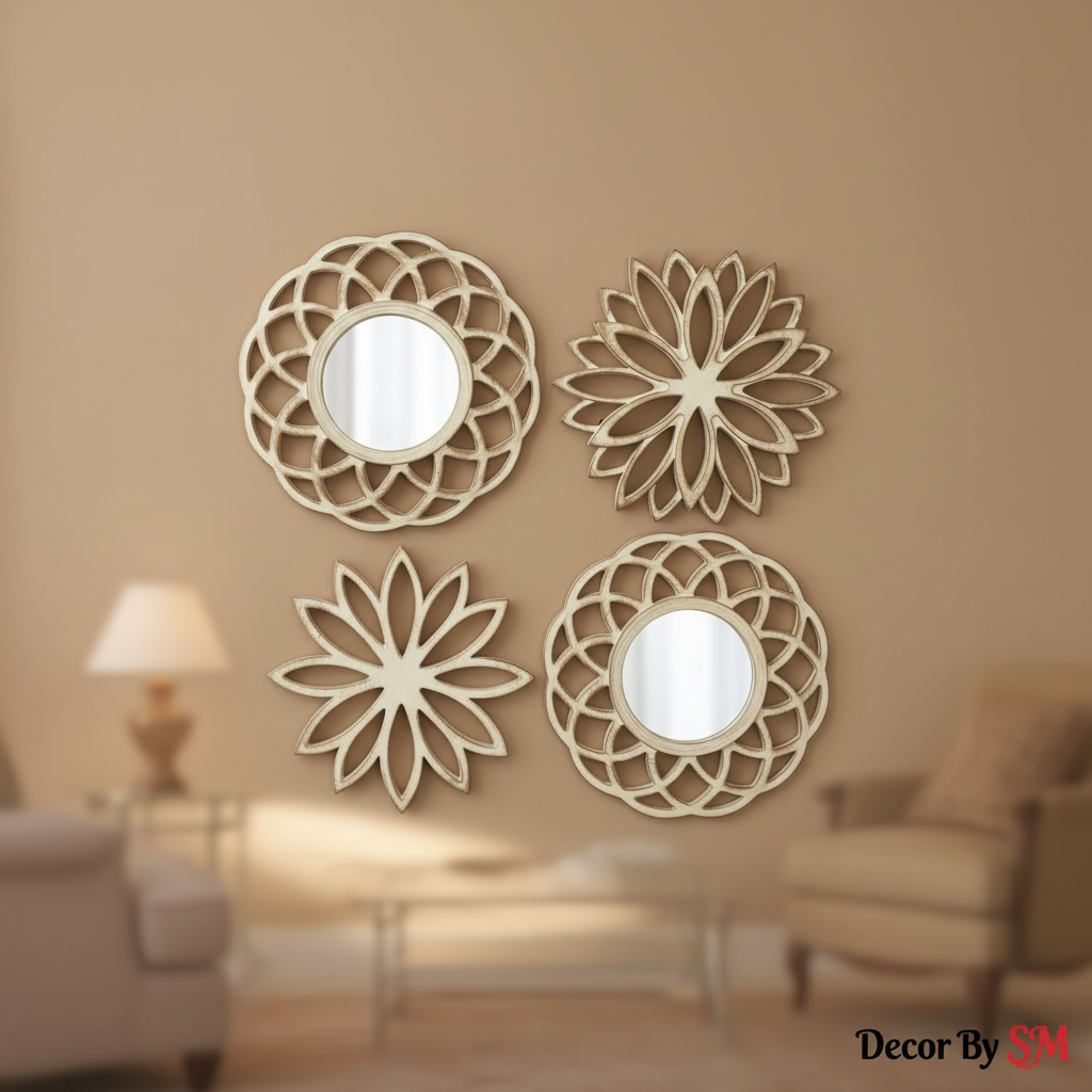 4-Piece Ivory Lotus Flower Wall Mirror Set