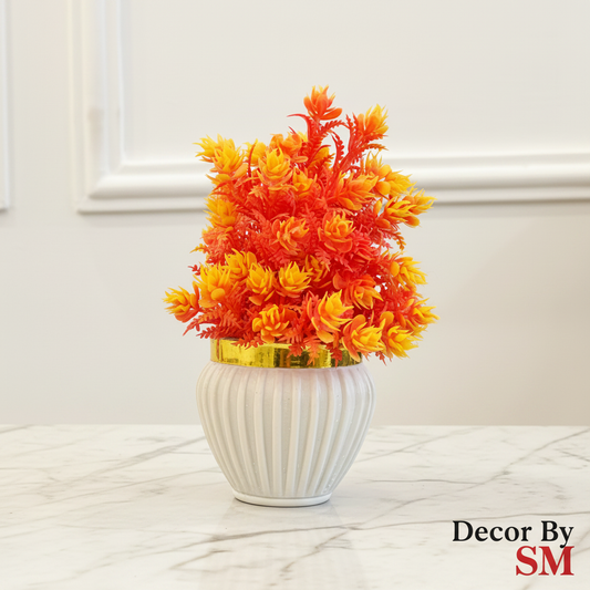 Orange & Red Wildflower Bouquet in Gold Rim Pot