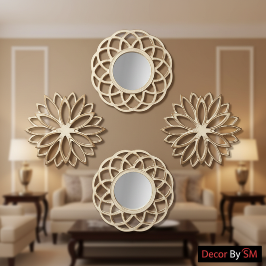 4-Piece Ivory Lotus Flower Wall Mirror Set