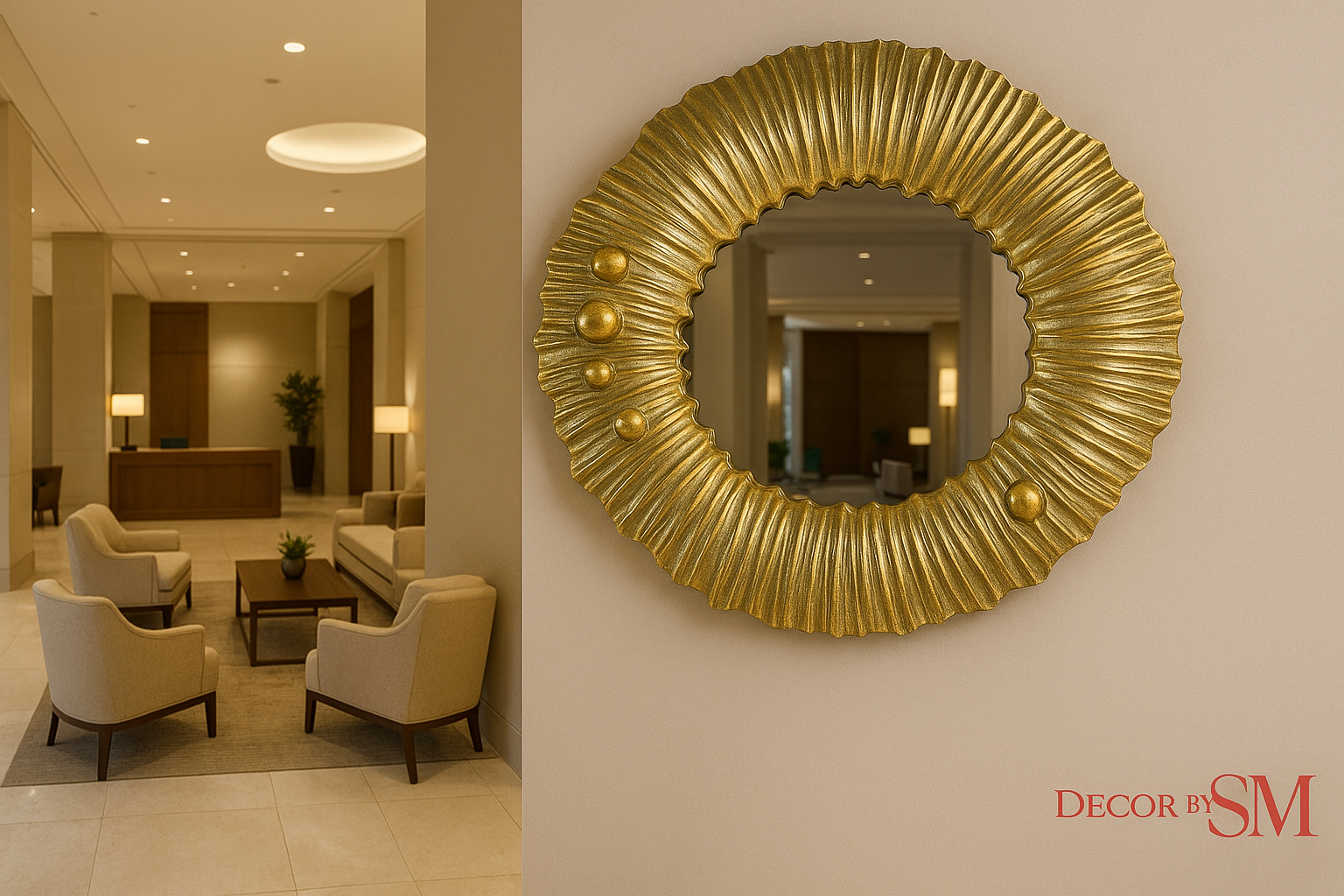 Lobby area with 28" x 28" golden decorative wall mirror