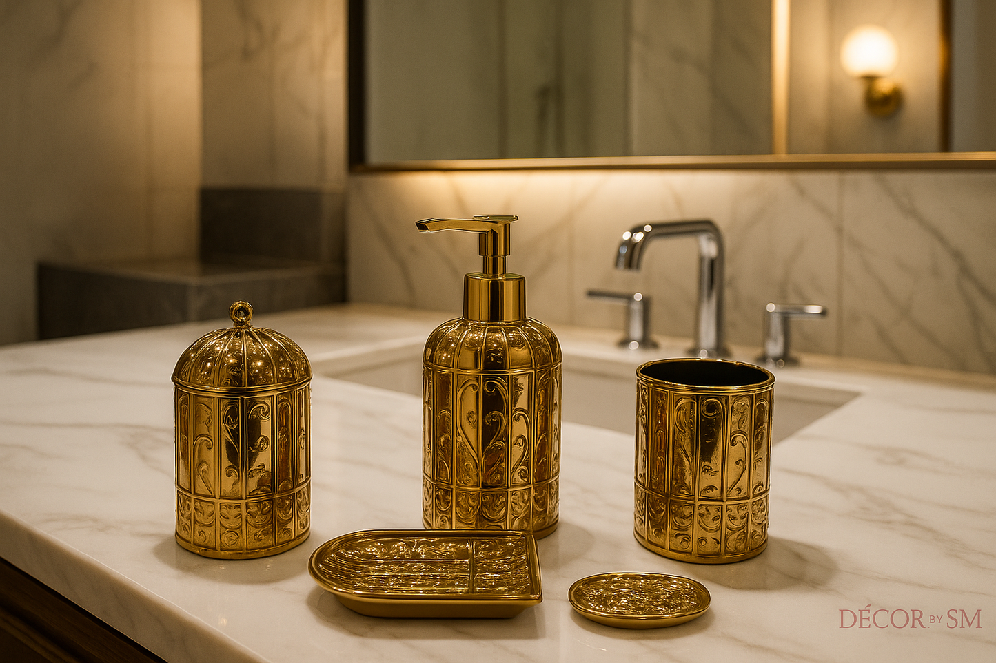 Luxurious washroom with golden bathroom accessories set