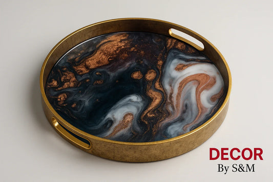 Luxury marble-effect serving tray with gold rim on soft gray background