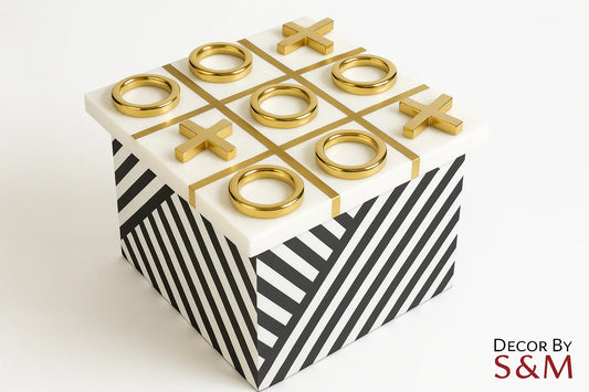 Luxury tic-tac-toe game set with striped base on white background