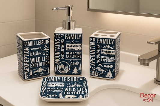 Navy adventure-themed bathroom set in washroom