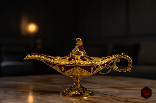 Ornate golden lamp with purple details on table in dark living space