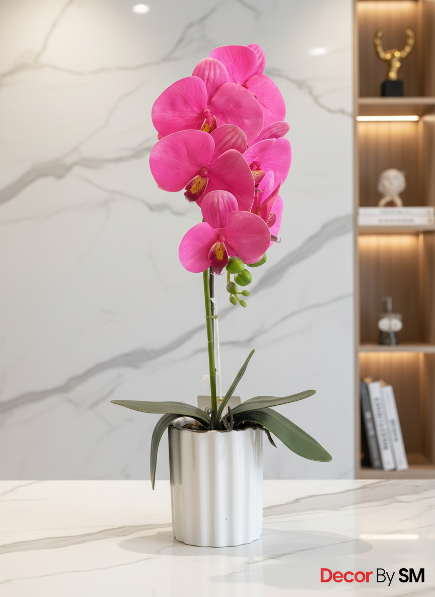 Pink Orchid in White Textured Vase - Luxury Setting