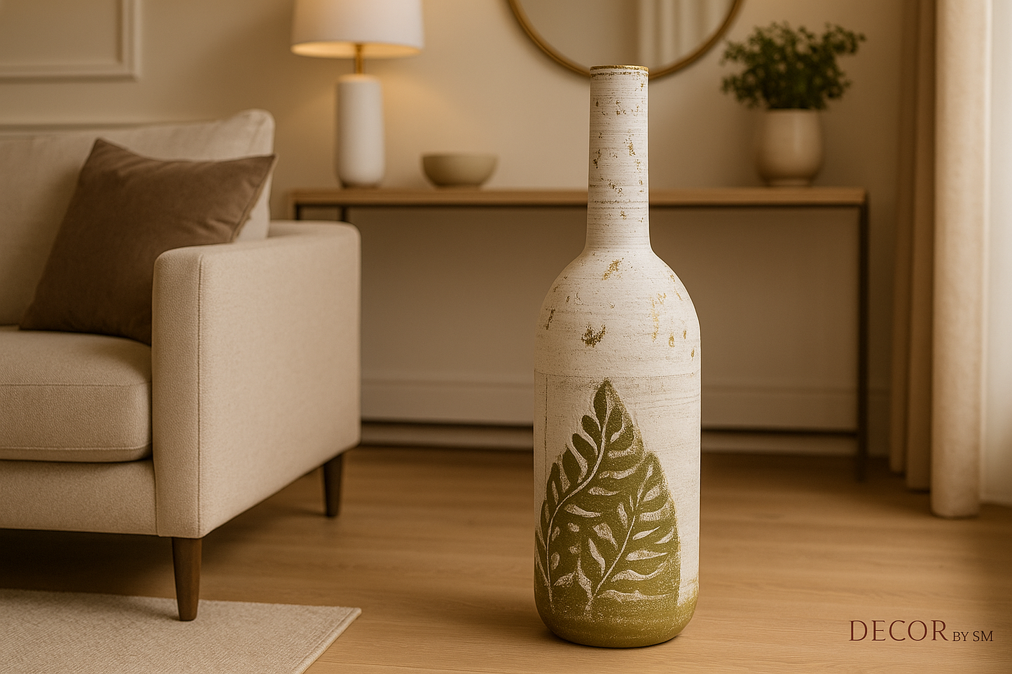 Rustic white bottle floor vase with green leaf design in living room