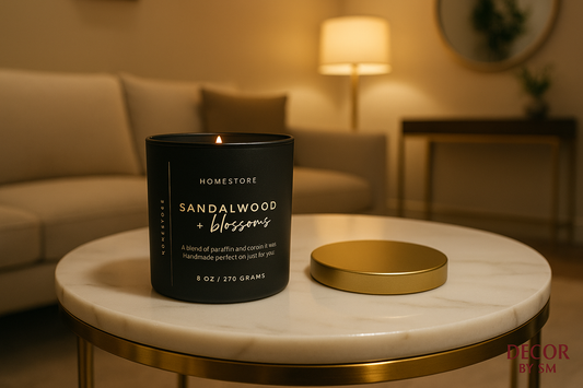 Sandalwood + Blossoms candle in elegant marble setting