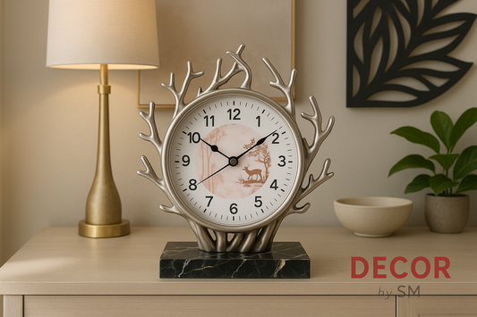 Silver antler table clock on console