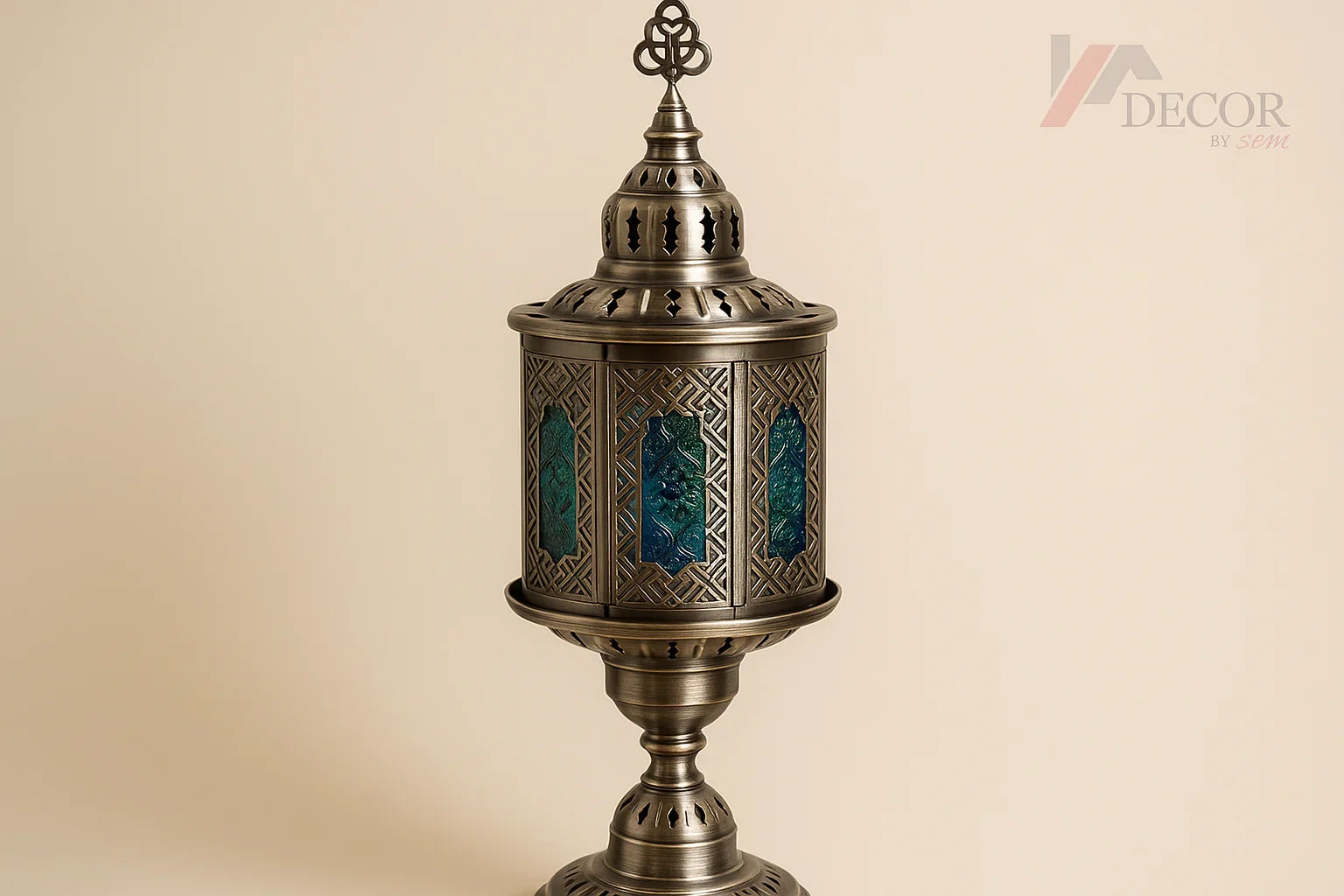 Silver lantern with blue and green glass and new background with watermark