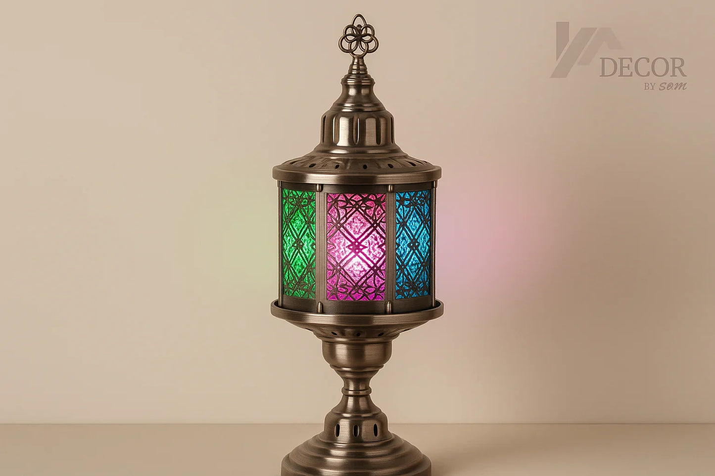 Silver lantern with multi-colored glass and new background with watermark
