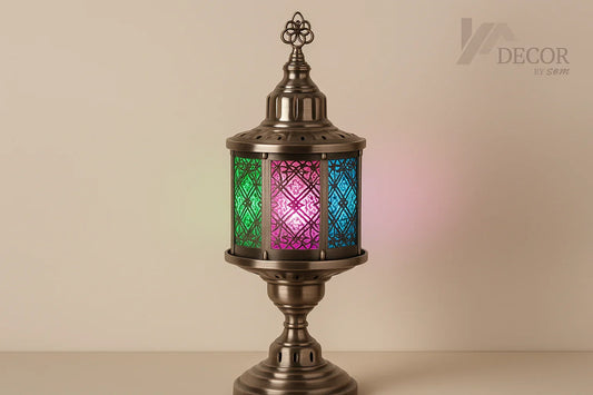 Silver lantern with multi-colored glass and new background with watermark