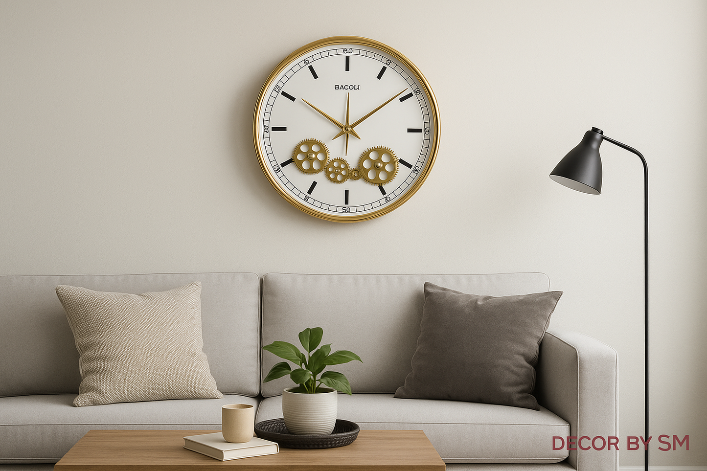 Small golden wall clock with exposed gears on wall