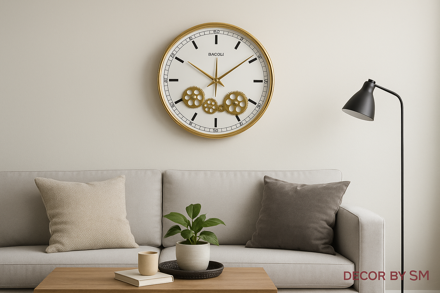 Small golden wall clock with exposed gears on wall