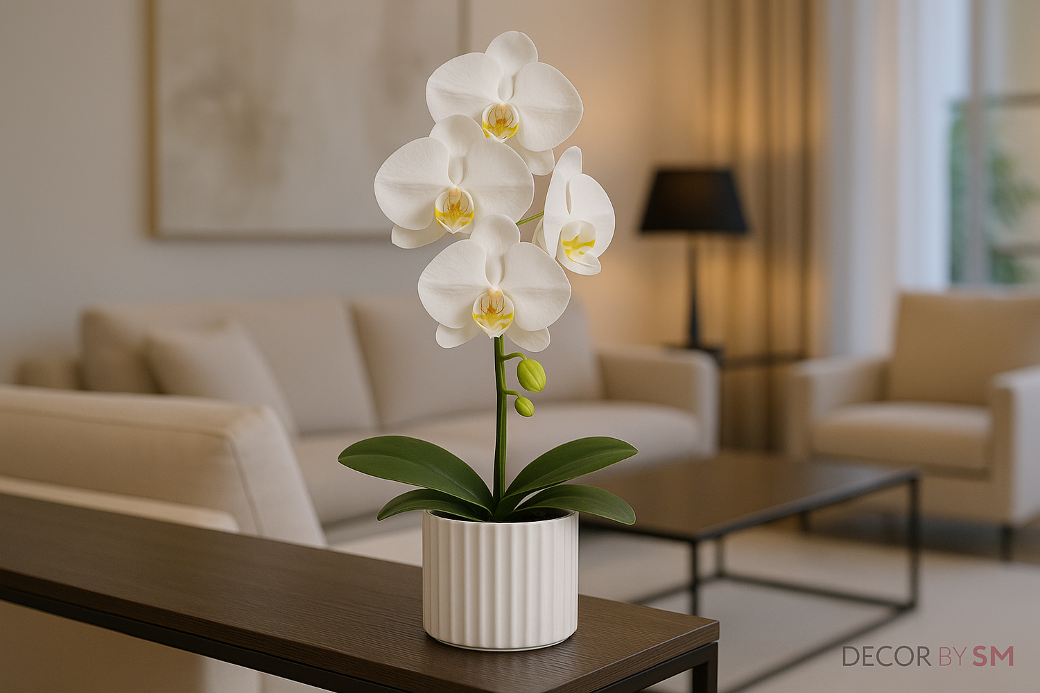 Small white ribbed ceramic planter with orchid in elegant setting