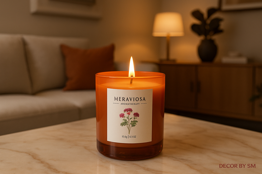 Terracotta aromatherapy candle in warm living room