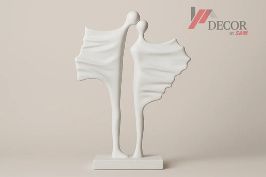 White abstract dancing figures sculpture with new background and watermark