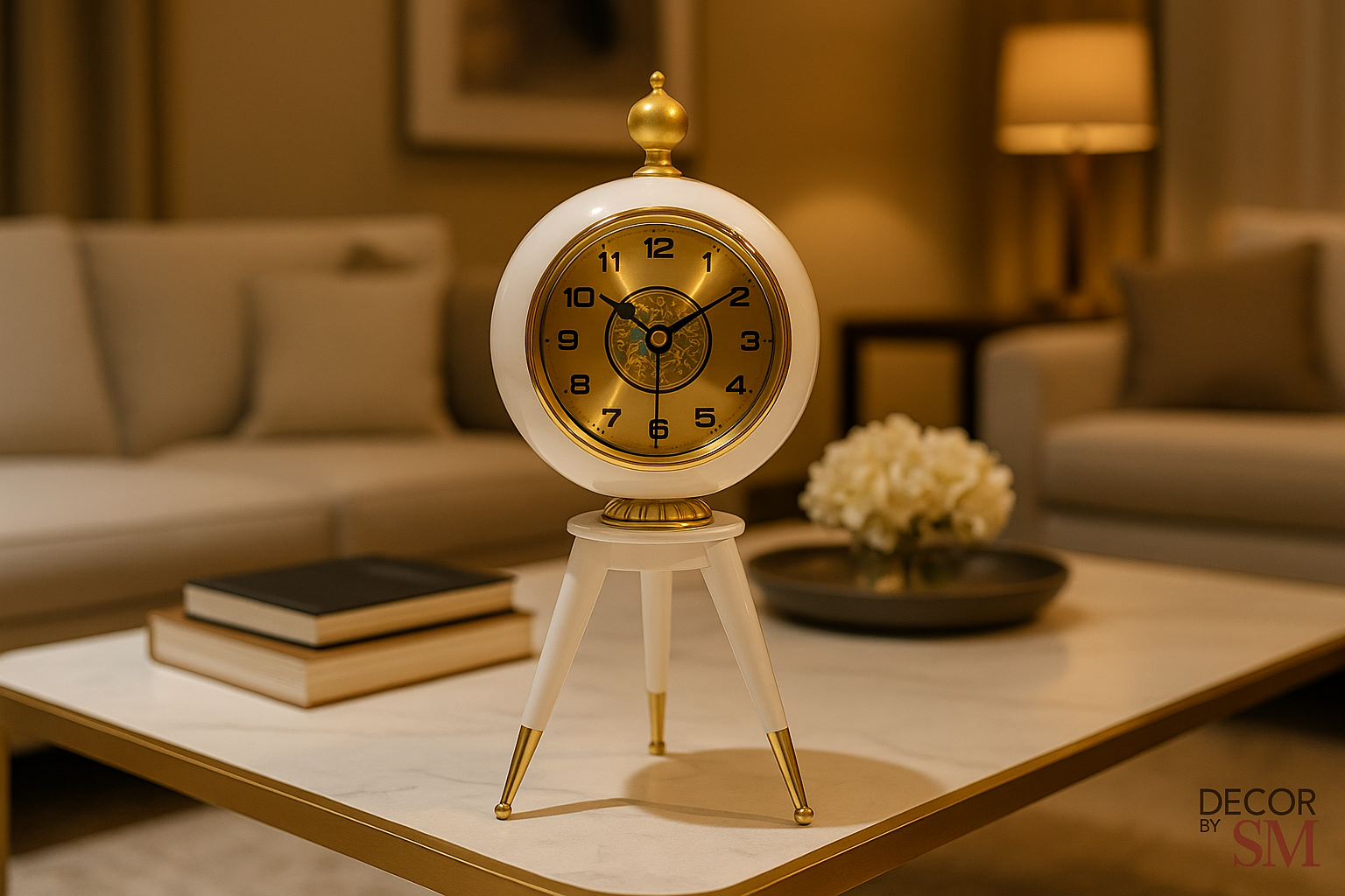 White and gold tripod table clock on center table