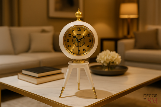 White and gold tripod table clock on center table