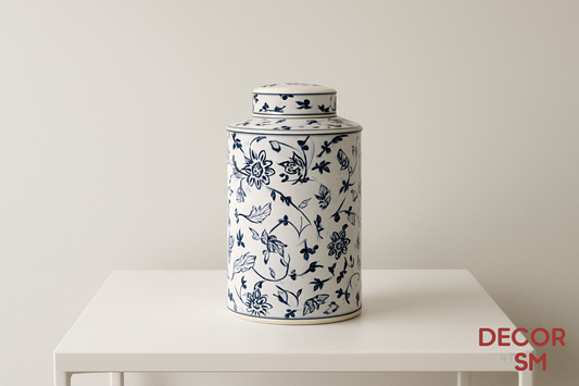 White and navy blue floral ginger jar with minimal background