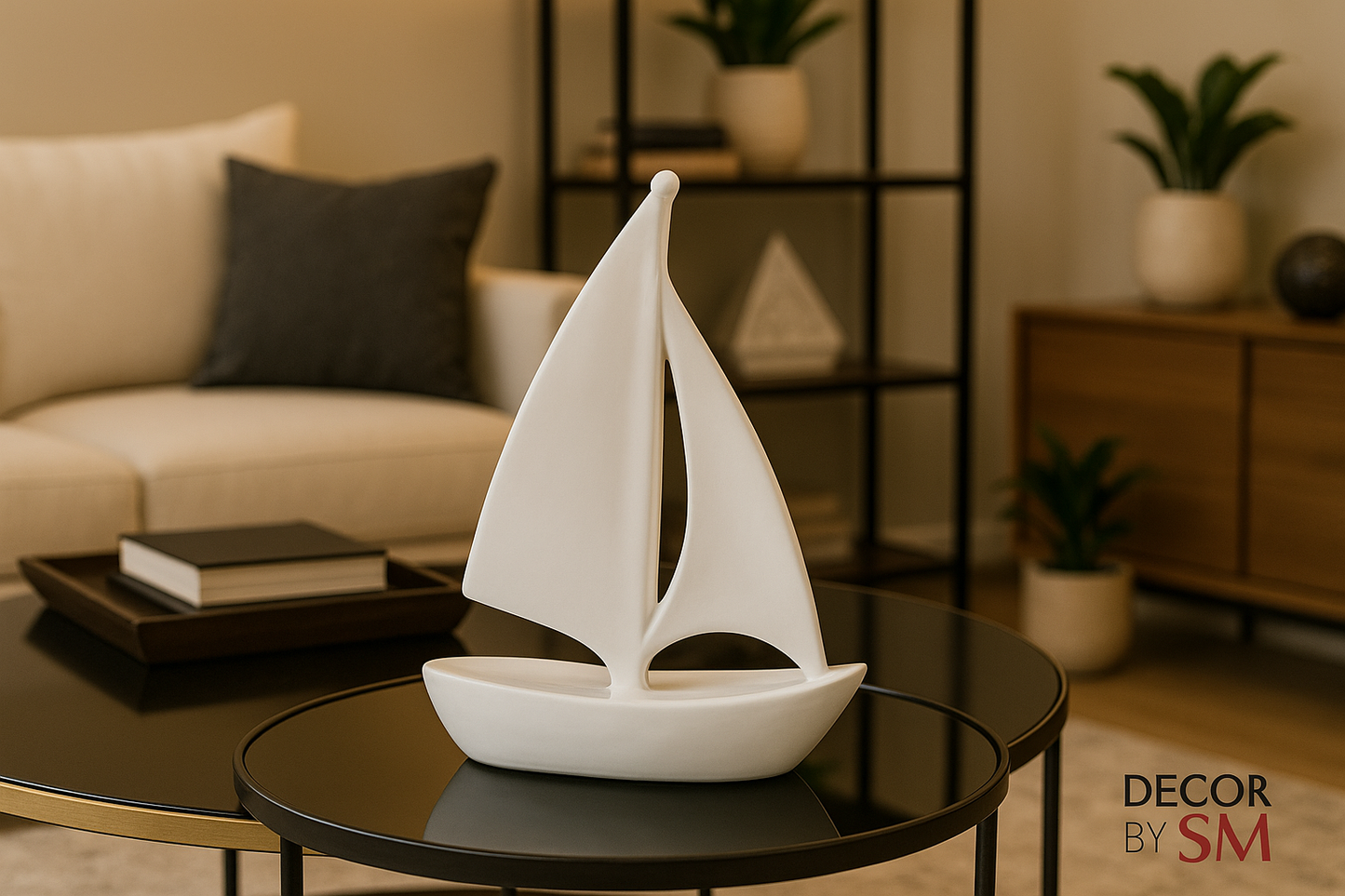 White ceramic sailboat decor on table