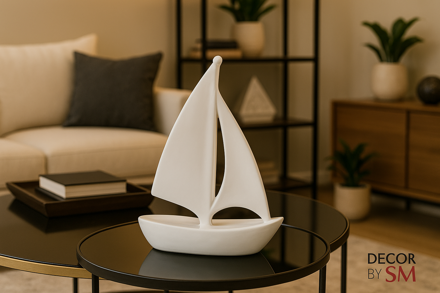 White ceramic sailboat decor on table