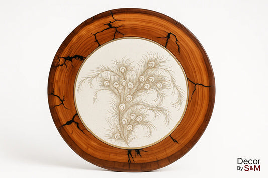 Wooden bowl with natural grain and peacock feather medallion on white background