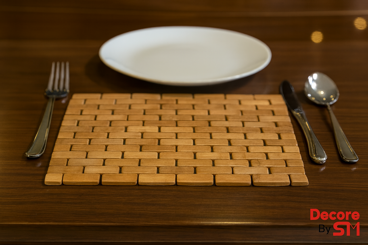 Wooden brick-pattern table mat with cutlery on elegant dining table