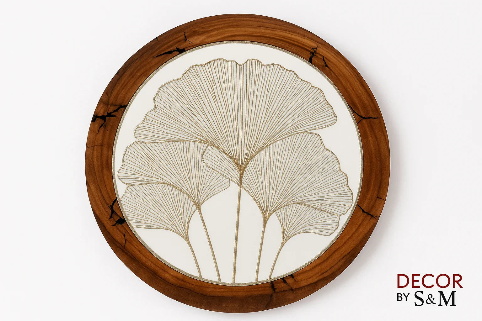 Wooden table mat with ginkgo leaf design on white background